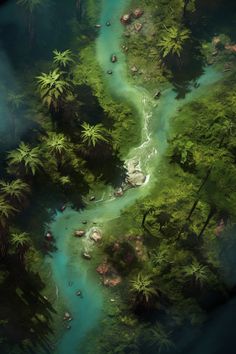 an aerial view of a river surrounded by palm trees and rocks with blue water running through it