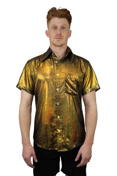 mens gold button down shirt from Love Khaos Fitted Collared Shirt For Party, Fitted Short Sleeve Party Shirt, Disco Style Summer Shirt For Night Out, Disco Style Shirt For Night Out In Summer, Fitted Gold Collared Top, Summer Disco Shirt For Night Out, Gold Button-up Top For Night Out, Gold Shirt For Summer Party, Disco Style Short Sleeve Summer Shirt