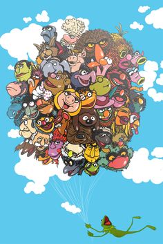 a cartoon character flying through the air with many different characters on it's back