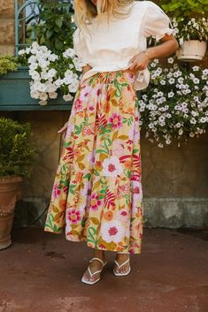 Printed floral skirt in multi color Tiered Midi Skirt, Tiered Maxi Skirt, Denim Maxi Skirt, Scoop Neck Tee, Eyelet Lace, Tier Skirt, Tiered Skirt, Waist Length, Knit Tanks