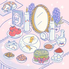 a drawing of a table with food and drinks on it, including cake, coffee mugs, an eggplant, cat'snips, flowers, candles, and other items