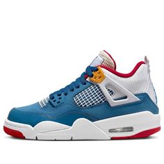 The Air Jordan 4 Retro 'Messy Room' is a stylish sneaker that features a mixed material construction with a blue and white base, red lining, and golden eyelets on the wings. It also includes a blue Jumpman logo, a colorful 'Air Jordan' tag on the inside of the tongue, and mismatched insoles. The white mesh and rubber sole are slightly tinted with red and come with extra laces for a perfect finish. This sneaker is perfect for any activity and is inspired by the classic Air Jordan series. (AJ4/SNKR/Mid Top/Basketball) Air Jordan 4 Breathable For Streetwear, Breathable Air Jordan 4 For Streetwear, Sporty Breathable Air Jordan 4 For Streetwear, Air Jordan 4 Synthetic Lace-up For Sports, Sporty Air Jordan 4 Mid-top Breathable, Sporty Breathable Air Jordan 4 Mid-top, Sporty Breathable Air Jordan 4, Sporty Air Jordan 4 High-top With Cushioned Footbed, Sporty Breathable Air Jordan 4 For Light Sports