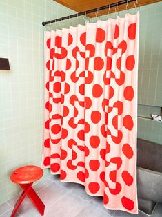 A red and salmon colored terry cloth shower curtain with circle and square shapes by Dusen Dusen hung in a sage green tile bathroom.  A red stool sits to the left of the curtain. Dusen Dusen, Dream Shower, Cool Shower Curtains, Unique Bathroom, Shower Liner, Pink Bathroom, Kids Bath, Steel Furniture, Designer Shower Curtains