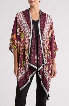 Love to layer this lightweight ruana that is covered in a garden bird design that is perfect for your next warm-weather adventure. 36" length (size O/S) Open front Short sleeves 100% rayon Hand wash, dry flat Imported Casual Rayon Kimono With V-neck, Bohemian Summer Kimono With 3/4 Sleeves, Printed V-neck Kimono, Multicolor V-neck Kimono With Floral Print, Multicolor Floral Print V-neck Kimono, Concert Looks, Sweaters And Leggings, Comfortable Sandals, Swimwear Cover Ups