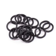 six black rubber o - rings on a white background