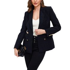 Ashlyn Black Classic Double Breasted Blazer for Women - Slim Fit & Plus Size Available A perfect blend of style and femininity. Impeccably tailored with a slim fit design, this suit is designed to enhance your silhouette and exude confidence in every step. Made from textured black fabric with silver silk threads for a touch of elegance. Features gold buttons and small lapel for added sophistication. These buttons catch the light, adding a luxurious touch and highlighting your impeccable taste. T Blazer For Women, Silver Silk, Exude Confidence, Timeless Wardrobe Staples, Breasted Blazer, Double Breasted Blazer, Double Breasted Suit, Silk Thread, Black Blazers