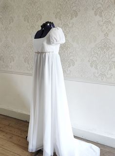 White Fitted Chiffon Dress, White Dress With Fitted Bodice And Empire Waist, White Empire Waist Dress With Fitted Bodice, White Chiffon Formal Dress, White Square Neck Maxi Dress For Wedding, White Chiffon Dress For Formal Occasions, White Chiffon Dress With Fitted Bodice, White Fitted Chiffon Dress For Formal Events, White Fitted Chiffon Dress For Formal Occasions