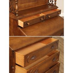 an old dresser has been turned into a desk with drawers and pulls on the bottom