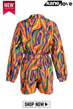 Orange Fashion Casual Print Patchwork Turndown Collar Regular Romper Spring Casual Multicolor Print Jumpsuits And Rompers, Multicolor Overall Jumpsuit For Spring, Multicolor Overall Jumpsuits And Rompers For Spring, Multicolor Spring Overalls Jumpsuits And Rompers, Casual Multicolor Outerwear For Party, Orange Long Sleeve Jumpsuit For Fall, Retro Multicolor Summer Outerwear, Casual Patchwork Jumpsuits And Rompers For Fall, Spring Multicolor Patchwork Jumpsuits And Rompers