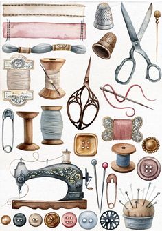 watercolor and ink drawings of various sewing items including scissors, thread, spools