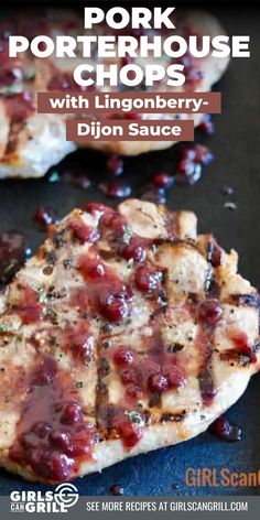 pork chops with lingonberry - dijon sauce on a grill pan for sale