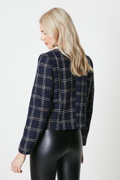 This jacket features a timeless tweed check pattern and a collarless design, adding a touch of sophistication to any outfit. The gold buttons add a luxurious and elegant touch, making this jacket a standout piece. Midi Dress Fall, Coat Outfits, Cardigan Top, Going Out Dresses, Swimwear Sale, Women's Coats & Jackets, The Gold, Check Pattern, Jacket Sale