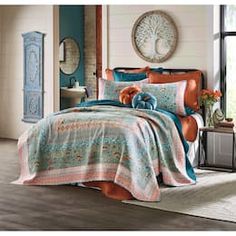 a bed room with a neatly made bed next to a window and a clock on the wall