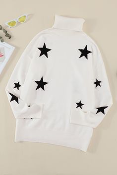 White Turtleneck Dropped Sleeve Star Print Sweater White Star Print Winter Sweater, White Sweater With Star Print For Winter, White Winter Sweater With Star Print, White Crew Neck Sweater With Star Print, White Star Print Sweater For Fall, Fall White Sweater With Star Print, Tunic Sweaters, Casual Turtleneck, Turtleneck Style