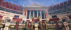 a large building with columns and red curtains