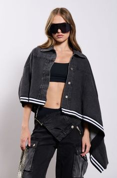 NATALYA DENIM CAPE in black/white Trendy Washed Black Cotton Outerwear, Spring Cotton Outerwear In Washed Black, Trendy Washed Black Cotton Denim Jacket, Sporty Cotton Denim Jacket For Streetwear, Collared Dark Wash Cotton Outerwear, Sporty Cotton Outerwear With Button Closure, Sporty Denim Outerwear For Streetwear, Dark Wash Cotton Denim Top For Streetwear, Sporty Long Sleeve Denim Jacket