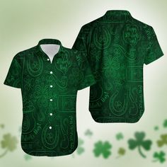 Saint Patrick's Day Doodle Pattern Hawaiian Shirt All of our Hawaiian Shirt   are custom-made-to-order and handcrafted to the highest quality standards. Each shirt is constructed from a premium polyester blend that is ultra-soft and incredibly comfortable. This shirt has some great features, four-way stretch, short sleeve, lapel collar, button closure. Extremely soft to the touch, durable and breathable. Features a specialty high definition heat-dye application that ensures long lasting color vi Green Short Sleeve Shirt With All Over Print, Green Fitted Printed Shirt, Fitted Green Printed Shirt, Green Fitted Shirt With Sublimation Print, Fitted Green Shirt With Sublimation Print, Fitted Green Top With Custom Print, Casual Green Printed Sublimation Design, Green Short Sleeve Shirt With Sublimation Print, Tropical Vacations