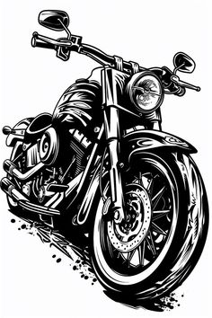 a black and white drawing of a motorcycle with the front wheel turned to the right