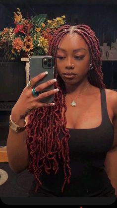 #darkredlocs #redlocs #locs Maroon Faux Locs, Red Crochet Locs, Dark Red Faux Locs, Burgundy Faux Locs Black Women, Red Faux Locs Black Women, Soft Locs Red, Burgundy Locs Black Women, Burgundy Twists, Dark Red Locs