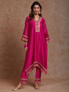 Buy Pink Embroidered Chanderi Kurta with Pants- Set of 2 | VJ101APR104/K/PINK/VJ101APR Gender Stereotypes, The Twenties, Pants Set, Saree