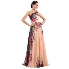 One Shoulder Long Printed Flower Evening Bridesmaid Dress - Uniqistic.com Strapless Floral Print Evening Dress For Summer, Summer Strapless Evening Dress With Floral Print, One Shoulder Chiffon Maxi Dress, Pink One Shoulder Maxi Dress For Prom, Pink One-shoulder Maxi Dress For Prom Season, Pink One-shoulder Maxi Dress For Prom, One-shoulder Chiffon Maxi Dress For Prom, One Shoulder Floral Print Prom Dress, Pink One-shoulder Chiffon Dress