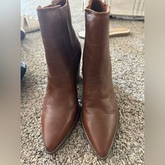 Never Worn. Size 8. Cognac Brown Leather Brown High Ankle Chelsea Boots In Faux Leather, Brown High Ankle Faux Leather Chelsea Boots, Brown Faux Leather High Ankle Chelsea Boots, Brown Faux Leather Chelsea Boots For Fall, Trendy Brown Ankle-high Chelsea Boots, Brown Ankle Chelsea Boots For Spring, Brown High Heel Chelsea Boots For Winter, Chic Brown Ankle-high Heeled Boots, Brown Almond Toe Chelsea Boots For Fall