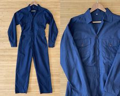 "Fantastic quality 100% cotton French workwear jumpsuits. Best fits approximately: Mens size M / chest size 36-38-40-42\" depending on desired fit. Ladies size M-L, or UK 12-14-16 depending on desired fit. Features: Circa 1980s-90s 100% cotton Leg is slightly cropped 4 large front pockets, 1 back pocket Pen holder pocket Zip and button front fastening Elasticated back gives tailored fit Made from 100% cotton Machine washable Tough overalls made for the military - built to last SIZING Mannequin is chest size 38\", waist size 34\". Please allow 1\"  give on measurements as vintage sizing can vary slightly. Can be styled with a belt. MEASUREMENTS OF GARMENT  Chest (pit to pit) - 44-46\" Shoulder (seam to seam) - 21\" Waist unstretched (elasticated at back) - 36\" - would fit up to waist 40\" Cotton Denim Jumpsuit For Work, Long Sleeve Cotton Denim Utility Jumpsuit, Long-sleeve Cotton Denim Utility Jumpsuit, Cotton Overalls With Pockets For Work, Cotton Jumpsuits And Rompers With Pockets For Work, Cotton Workwear Jumpsuits And Rompers With Pockets, Cotton Long Sleeve Jumpsuits For Work, Blue Utility Jumpsuits And Rompers For Work, Cotton Overall Jumpsuit For Workwear