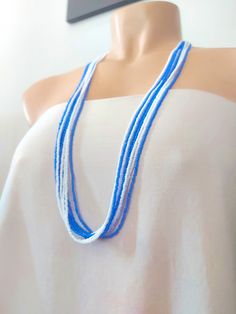 Long White Necklace With Colorful Beads, Handmade Long White Necklace, White Long Necklace With Colorful Beads, Handmade Long White Beads Necklace, Handmade White Long Beaded Necklaces, Handmade White Beads Long Necklace, Handmade White Long Beaded Necklace, White Multi-strand Beach Necklaces, White Multi-strand Bohemian Beaded Necklaces