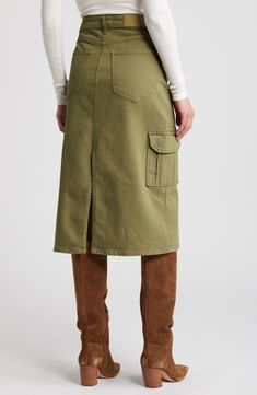 Utilitarian Aesthetic, Utility Skirt, Style Cargo, Cargo Skirt, Denim Midi Skirt, Stretch Cotton, Midi Length, Midi Skirt, A Line