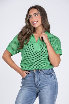 Feel like you got a hole-in-one, in the Got An Ace Top from Heyson. This top features an open knit design, collared neckline with a V-neck split, and a ribbed knit design along the hemline, cuffs and neckline. Pair with denim and flats for a day out. Fabric: 100% Acrylic Measurements: Bust (Size M): 22"Length (Size M): 22" True To Size S 0-6 M 6-10 L 10-14 Casual Pointelle Knit Polo Sweater, Spring Textured Knit V-neck Polo Sweater, Spring V-neck Textured Knit Polo Sweater, V-neck Textured Knit Polo Sweater For Spring, Casual Knit Tops With Collar, Knit Tops With Collared Neckline For Fall, Casual Knit Polo Sweater For Spring, Spring V-neck Polo Sweater With Ribbed Collar, Spring Polo Sweater In Pointelle Knit