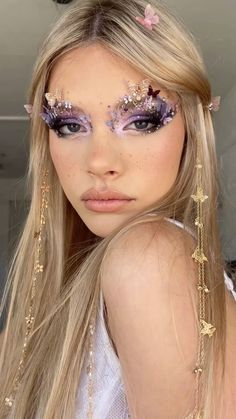 Fairy Hair And Makeup Ideas, Ethereal Costume Halloween, Purple Fairy Makeup Halloween, Pretty Halloween Makeup Looks Fairy, Fairy Makeup Looks Halloween, Spring Fairy Makeup, Fairy Face Makeup, Autumn Fairy Makeup