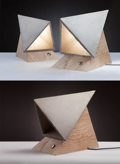 two lamps made out of wood and concrete