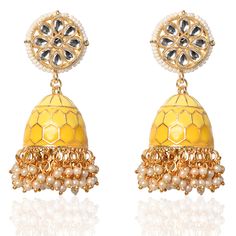 Golden Jhumka, Golden Dome, White Earring, Jhumki Earrings, Ethnic Outfits, Indian Earrings, Indian Weddings, Colour Yellow, White Earrings