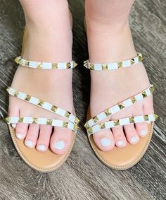 Add a little spice to your wardrobe with our Delia studded sandals!  They are the perfect shoe for many of our jeggings or flares! Studded Flats, Birkenstock Mayari, Studded Sandals, Perfect Shoes, Flat Sandals, Jeggings, Sandals, Wardrobe, White