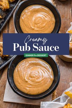 creamy pub sauce in a cast iron skillet on a wooden table