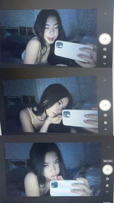 two pictures of a woman taking a selfie