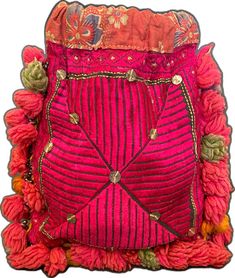 Ceremonial Embroidered Potli Bag For Festivals, Traditional Pink Embroidered Shoulder Bag, Embroidered Ceremonial Festival Potli Bag, Traditional Embroidered Pink Shoulder Bag, Festive Bohemian Embroidered Potli Bag, Traditional Pink Shoulder Bag With Handwork, Bohemian Multicolor Zari Work Bag, Traditional Pink Embroidered Bag, Traditional Embroidered Ceremonial Potli Bag