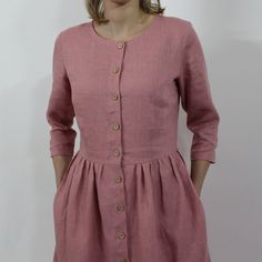 "Spring dress, Write the selected color in the message Linen women dress, summer dress. Button front rose linen dress with 3/4 long sleeves and 2 pockets , perfect for casual wear and suitable for any occasion in any season Details: - 100% natural linen produced in Europe ; - medium weight (180 gram per square meter); - color: rose, could be any from our colors catalog (color samples at the photo); Made to order, approximately a few days, If you have any questions please message me and I will be Casual Linen Dress With Button Cuffs For Spring, Spring Dresses With Pockets And Half Sleeves, Spring Linen Buttoned Dress, Casual Half-sleeve Dresses With Pockets, Spring Linen Button-up Dress, Pink Button-up Dress With Pockets, Summer Dress With Buttoned Pockets, Fitted Dress With Pockets And 3/4 Sleeves, Summer A-line Dresses With Button Cuffs