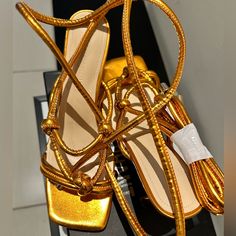 Cute Metallic Orange Strappy Sandal That Laces Up Around The Ankle. Very Comfortable. Never Worn!! Trendy Gold Strappy Sandals, Casual Gold Sandals For Party, Metallic Orange, Strappy Sandals, Color Orange, Shoes Women Heels, Shoes Heels, Lace Up, Women Shoes