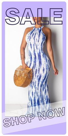 Sky Blue Sexy Print Hollowed Out Split Joint Halter Straight Dresses Purple And Gold Dress, Hot Jumpsuits, Girls Black Dress, Bodycon Maxi Dress, Pink Swimwear, Straight Clothes, Red Dress Short, Bodycon Maxi Dresses, Maxi Dress Online