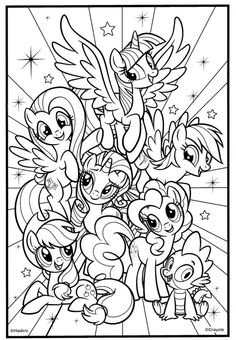 the my little pony coloring page with many ponies and stars in the back ground