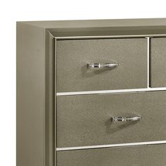 a metal dresser with three drawers and chrome handles