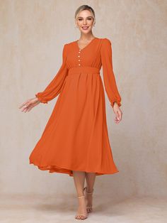 Burnt_Orange Orange Chiffon V-neck Dress, Orange Chiffon Long Sleeve Dress, Orange Chiffon Wedding Dress, Elegant Flowy Orange Midi Dress, Elegant Orange Flowy Midi Dress, Orange Long Sleeve Formal Midi Dress, Elegant Orange Dresses For Fall, Formal Orange Long Sleeve Midi Dress, Elegant Orange Dress For Fall