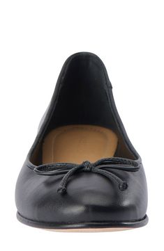 A delicate bow at the rounded toe emphasizes the traditional ballerina inspiration of this timeless flat in ultrasoft sheepskin leather. Lightly padded footbed Leather upper and lining/leather and rubber sole Imported Leather Flats With Bow For Work, Leather Bow Flats For Work, Leather Slip-on Ballet Flats With Bow, Formal Ballet Flats With Leather Footbed, Leather Closed Toe Ballet Flats With Bow, Elegant Leather Ballet Flats With Bow, Elegant Ballet Flats With Leather Footbed For Spring, Elegant Spring Ballet Flats With Leather Footbed, Elegant Ballet Flats With Cushioned Footbed For Work