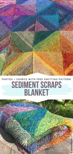 a multicolored crocheted blanket sitting on top of a wooden stump with text overlay that says, photos - source with free knitting pattern