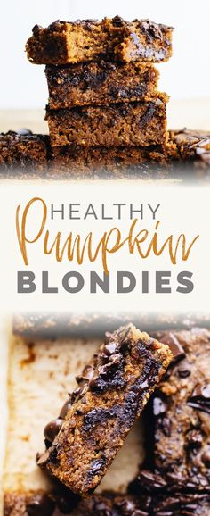 healthy pumpkin blondies stacked on top of each other with text overlay that reads, healthy pumpkin blondies