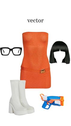 an orange top and white boots with glasses