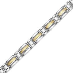 Enjoy the easy sophistication of this chain link bracelet. Created in stainless steel and 14K gold, this impressive style features three-row links with a 14K gold textured inlay and white polished borders. Buffed to a brilliant luster, this 8.5-inch bracelet secures with a box clasp. White Stainless Steel Formal Bracelets, Formal White Stainless Steel Bracelets, Formal Gold Stainless Steel Bracelet With Solid Links, Classic White Stainless Steel Bracelets, Formal Gold Stainless Steel Bracelet With Box Chain, Formal Gold Bracelet With Box Chain In Stainless Steel, Formal Gold Box Chain Bracelet In Stainless Steel, Formal Gold-toned Stainless Steel Link Bracelet, Modern White Bracelets With Solid Link Construction