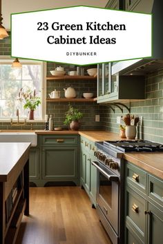 a kitchen with green cabinets and wooden floors