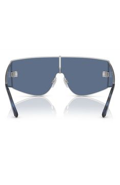 Wide, smoky-tinted lenses provide full sun protection on these on-trend shield sunglasses crafted in Italy from polished metal. 145mm lens width; 17mm bridge width; 145mm temple length 100% UV protection Adjustable non slip nose pads Metal Made in Italy Classic Silver Shield Sunglasses With Uv Protection, Classic Silver Shield Sunglasses With Uva Protection, Classic Silver Shield Sunglasses With Mirrored Lenses, Classic Silver Tinted Shield Sunglasses, Classic Rimless Shield Sunglasses With Mirrored Lenses, Silver Rimless Shield Sunglasses With Uva Protection, Modern Rimless Shield Sunglasses With Metal Frame, Silver Rimless Anti-reflective Shield Sunglasses, Modern Aviator Shield Sunglasses With Metal Frame